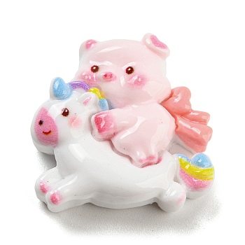 Pig Theme Opaque Resin Cabochons, Funny Pig with Unicorn, Pink, 23.5x24.5x8.5mm