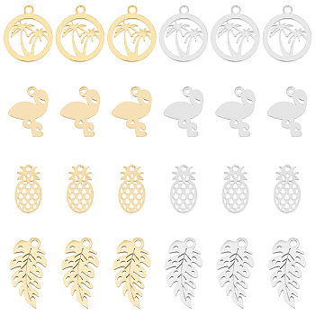 32Pcs 8 Style 304 Stainless Steel Pendants, Manual Polishing, Pineapple & Flamingo & Ring with Coconut Tree, Golden & Stainless Steel Color, 11.5~16.5x6.5~11.5x1~1.1mm, Hole: 1~1.4mm, 4pcs/style