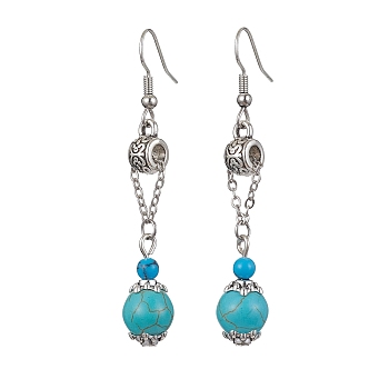 Synthetic Blue Turquoise Dangle Earrings, 304 Stainless Steel Long Drop Earrings, 60x10mm