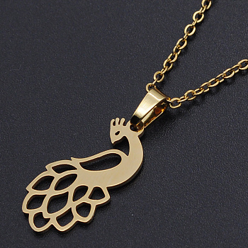 201 Stainless Steel Pendants Necklaces, with Cable Chains and Lobster Claw Clasps, Peacock, Golden, 17.71 inch(45cm), 1.5mm