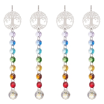 Glass Teardrop Window Hanging Suncatchers, with 7 Chakra Glass Octagon Link, 201 Stainless Steel Tree of Life Pendants Decorations Ornaments, Colorful, 315x40mm
