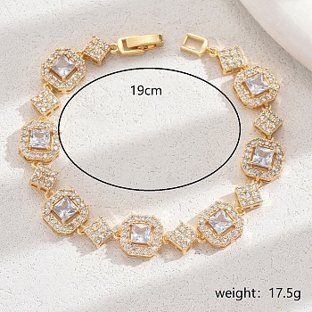 Brass Pave Clear Cubic Zirconia Octagon Link Bracelets for Women, Golden