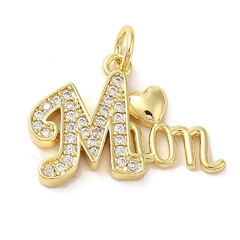 Brass Micro Pave Clear Cubic Zirconia Pendants, Words, Real 16K Gold Plated, 14.5x21x2mm, Hole: 3mm