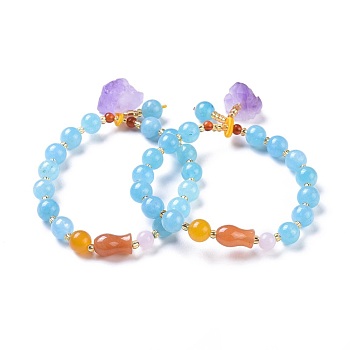 Natural Jade Stretch Charm Bracelets, Dyed, with Amethyst & Red Aventurine Beads, Acrylic Findings, Light Blue, 2-1/8 inch(5.3cm)