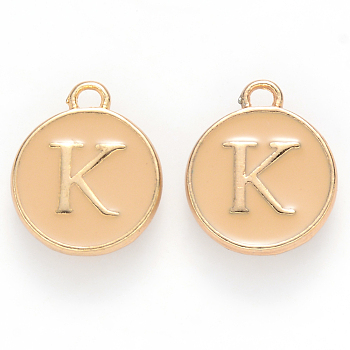 Golden Plated Alloy Enamel Charms, Cadmium Free & Lead Free, Enamelled Sequins, Flat Round with Letter, Wheat, Letter.K, 14x12x2mm, Hole: 1.5mm