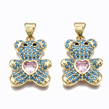 Brass Micro Pave Clear Cubic Zirconia Pendants, Inlay Bear Shape Charms, Cadmium Free & Nickel Free & Lead Free, Real 16K Gold Plated, Sky Blue, 21x15.5x4.5mm, Hole: 5x3mm