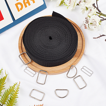 DIY Dog Collar Kit, with Iron Rectangle & D Buckle Ring, Alloy Bra Strap Adjuster Slider Hook Ring, Polyester Ribbons, Black, 25x1mm, 10m/set