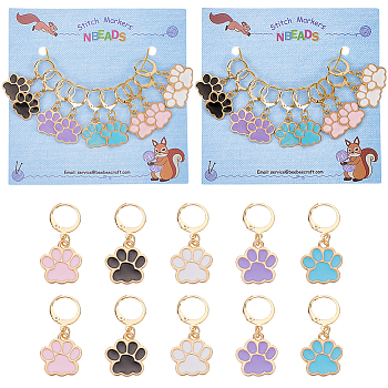 Pet Theme Alloy Enamel Dog Paw Print Charm Locking Stitch Markers, Golden Tone 304 Stainless Steel Lobster Claw Clasp Locking Stitch Marker, Mixed Color, 2.2cm, 10pcs/set