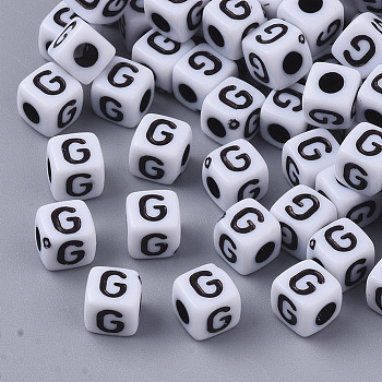 White Opaque Acrylic Beads, Horizontal Hole, Cube with Black Alphabet, Letter.G, 4~5x4~5x4~5mm, Hole: 1.8mm, about 6470~6500pcs/500g