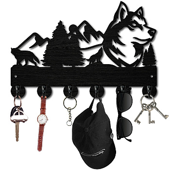 Black Wood & Iron Wall Mounted Hook Hangers, Decorative Organizer Rack, with 2Pcs Screws & 1Pc Screwdriver, 6 Hooks for Bag Clothes Key Scarf Hanging Holder, Wolf, 300x200x7mm, Hole: 5mm