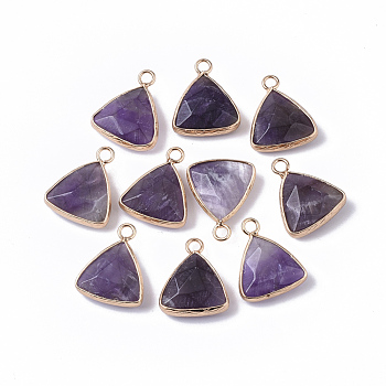 Natural Amethyst Pendants, with Golden Tone Brass Open Back Bezel, Faceted, Triangle, 19x16x6mm, Hole: 2mm