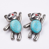 Synthetic Turquoise Brooch, with Antique Silver Alloy Findings, Bear, 56x42mm(JEWB-K051-A12)
