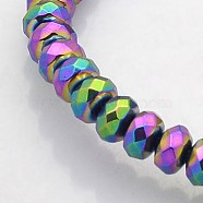 Electroplate Non-magnetic Synthetic Hematite Beads Strands, Faceted Rondelle, Rainbow Plated, 4x3mm, Hole: 1mm, about 141pcs/strand, 15.7 inch(G-J208D-03)