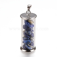 Alloy & Glass Wish Bottle Pendants, with Natural Lapis Lazuli Chips, Platinum, Column, 35x13.5mm, Hole: 4x3.5mm(G-Z017-02)