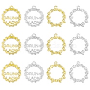 32Pcs 4 Styles Rack Plating Alloy Pendants,  Twist Ring & Bottle Cap with Word Drunk Lady, Platinum & Golden, 22~26.5x20~24x3~3.5mm, Hole: 1.6mm, about 8pcs/style(FIND-FH0006-94)