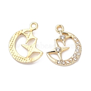 Rack Plating Alloy Crystal Rhinestone Pendants, Moon with Star Charms, Golden, 20.5x17x2.5mm, Hole: 1.5mm(RB-L036-VF880-2)