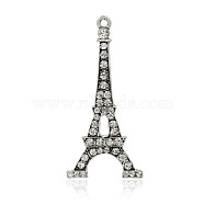 Antique Silver Plated Eiffel Tower Alloy Rhinestone Pendants, Crystal, 49x25x2mm, Hole: 2mm(RB-J523-01AS)