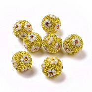 Polymer Clay Rhinestone Beads, Pave Disco Ball Beads, Round with Flower, Citrine, 16mm, Hole: 1.6~1.8mm(RB-L029-03H)