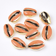 Electroplated Cowrie Shell Beads, with Enamel, No Hole/Undrilled, Golden, Dark Orange, 18~20x12~14x6~7.5mm(SSHEL-T008-11G-06)