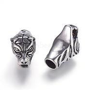 304 Stainless Steel Cord Ends, End Caps, Leopard Head, Antique Silver, 18x32x15.5mm, Inner Diameter: 7.5mm(STAS-P162-16)