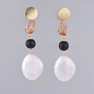 Dangle Stud Earrings, with Round Wood Beads, Transparent Acrylic Beads, Pearlized Acrylic Beads, Brass Ear Stud Findings and Ear Nuts, Black, 87mm, Pin: 0.7mm(EJEW-JE03845)