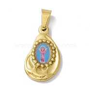 Vacuum Plating 304 Stainless Steel Pendants, with Enamel, Religion, Golden, Teardrop with Human, Deep Sky Blue, 22x13x2.5mm, Hole: 6.5x3mm(STAS-A062-23A-G)