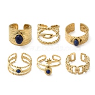 6Pcs 6 Style Teardrop & Star & Rectangle 304 Stainless Steel Open Cuff Rings Set, Natural Lapis Lazuli Stackable Rings, Real 18K Gold Plated, Inner Diameter: 17.8~18.7mm, 1Pc/style(RJEW-P092-01G-M)