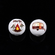 Camping Theme Printed Wooden Beads, Round, Mixed Color, Camping Themed Pattern, 15.5~16x3.5mm, Hole: 15mm(WOOD-D006-11)