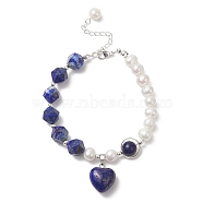 Natural Lapis Lazuli Heart Charm Bracelet with Natural Pearl Beaded Chains for Women, 7-5/8 inch(19.4~19.5cm)(BJEW-TA00255-01)
