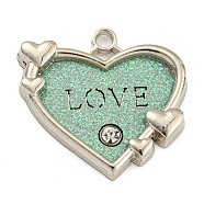 Alloy Pendants, with PU Leather, Rhinestone and Glitter Powder, Heart with Word Love, Cadmium Free & Lead Free, Turquoise, 29.5x31x4.5mm, Hole: 3mm(FIND-C052-02P-02)