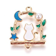Zinc Alloy Kitten Links connectors, with Enamel and Acrylic Pearl, Cat & Moon & Star, Light Gold, Blue, 27.5x23x5mm, Hole: 1.5mm(ENAM-P164-03A)