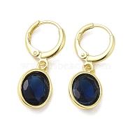 Real 18K Gold Plated Brass Dangle Leverback Earrings, with Oval Glass, Dark Blue, 27x10mm(EJEW-L268-001G-05)