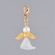 Guardian Angel Pendant Decorations, with Acrylic, Glass Pearl Beads, Light Gold Plated Zinc Alloy Lobster Claw Clasps and Alloy Beads, White, 39mm(HJEW-JM00383-01)