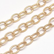 Electroplate Iron Cable Chains, Textured, Soldered, with Spool, Oval, Lead Free & Nickel Free, Golden, 12x9x2mm, about 65.61 Feet(20m)/roll(CH-M002-04MG-FF)