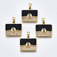Brass Micro Pave Clear Cubic Zirconia Pendants, with Enamel, Nickel Free, Lady Bags with Dollar Sign, Real 18K Gold Plated, Black, 14.5x17x2.5mm, Hole: 2.5x4.5mm(KK-T063-83-NF)