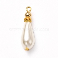 Glass Pearl Pendants, Painted, with Brass Findings, Golden, Teardrop, White, 25x7.5mm, Hole: 1.5mm(X-PALLOY-JF00902)