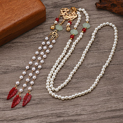 Ancient Style 6mm Imitation Pearl Round Beaded Alloy Cloud Pendant Hanfu Long Necklaces, Light Gold, Red, 27.56 inch(70cm)(UX7679-1)