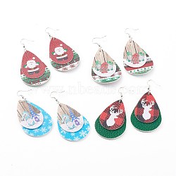 Christmas Theme, PU Leather Teardrop Dangle Earrings, with Brass Earring Hooks, Platinum, Mixed Color, 80mm, Pin: 0.65mm(EJEW-JE04502)