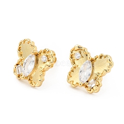 Clear Cubic Zirconia Butterfly Stud Earrings, Brass Jewelry for Women, Cadmium Free & Nickel Free & Lead Free, Real 18K Gold Plated, 13x14.5mm, Pin: 0.8mm(EJEW-G297-35A-G)