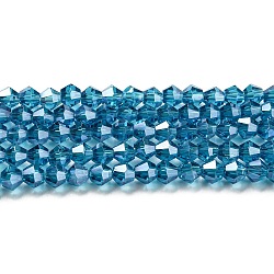 Transparent Electroplate Glass Beads Strands, Pearl Luster Plated, Faceted, Bicone, Steel Blue, 3.5~3.8x3mm, Hole: 0.8mm, about 113~115pcs/strand, 14.17~14.37 inch(36~36.5cm)(EGLA-A039-T3mm-A01)