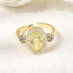Brass Micro Pave Clear Cubic Zirconia Cuff Open Rings, Oval with Virgin Mary, Cadmium Free & Lead Free, Long-Lasting Plated, Rack Plating, Real 18K Gold Plated, 17mm(RJEW-Z136-02G)