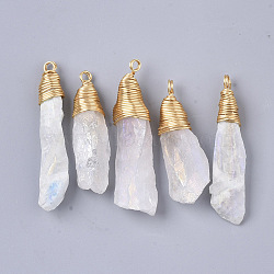 Electroplate Natural Quartz Crystal Pendants, with Brass Findings, Nuggets, Golden, WhiteSmoke, 40~64.5x10~21x6~17mm, Hole: 3~4mm(X-G-N325-03E)