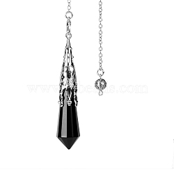 Natural Black Onyx Dowsing Pendulum Big Pendants, with Platinum Plated Metal Cone, Hexagonal Cone Charm, 260mm(PW-WGF0B2B-18)