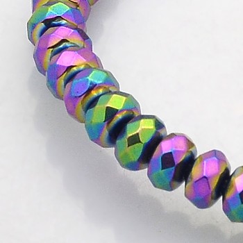 Electroplate Non-magnetic Synthetic Hematite Beads Strands, Faceted Rondelle, Rainbow Plated, 4x3mm, Hole: 1mm, about 141pcs/strand, 15.7 inch