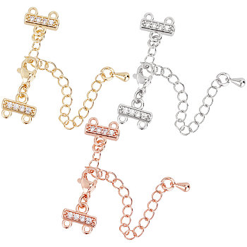 6Pcs 3 Colors Brass Crystal Rhinestone Chain Extender, with Double-strand Clasps and Lobster Claw Clasps, Mixed Color, 86mm, Hole: 1.4mm, 2pcs/color