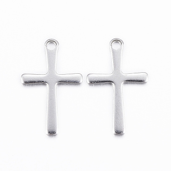 304 Stainless Steel Charms, Cross Pendants, Stainless Steel Color, 15.5x9.5x0.8mm, Hole: 1mm
