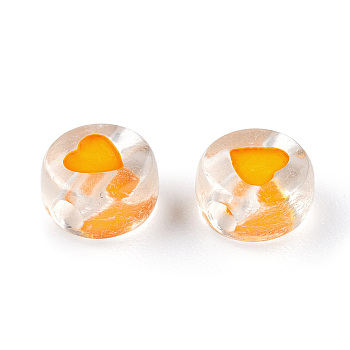 Transparent Acrylic Enamel Beads, Flat Round with Heart, Dark Orange, 7x4mm, Hole: 1.8mm, about 108000~111000pcs/15000g