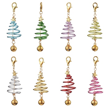 Christmas Tree Aluminum Wire Pendant Decoration, Lobster Claw Clasps Charm for Bag Ornaments, Mixed Color, 55mm, about 8pcs/set