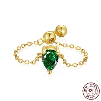 925 Sterling Silver Rolo Chain Rings, Birthstone Ring, Real 18K Gold Plated, with Cubic Zirconia Teardrop for Women, Adjustable Slider Ring, Green, 1.2mm, US Size 7(17.3mm)