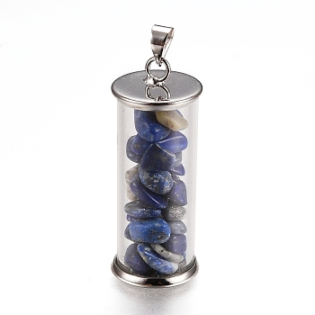 Alloy & Glass Wish Bottle Pendants, with Natural Lapis Lazuli Chips, Platinum, Column, 35x13.5mm, Hole: 4x3.5mm